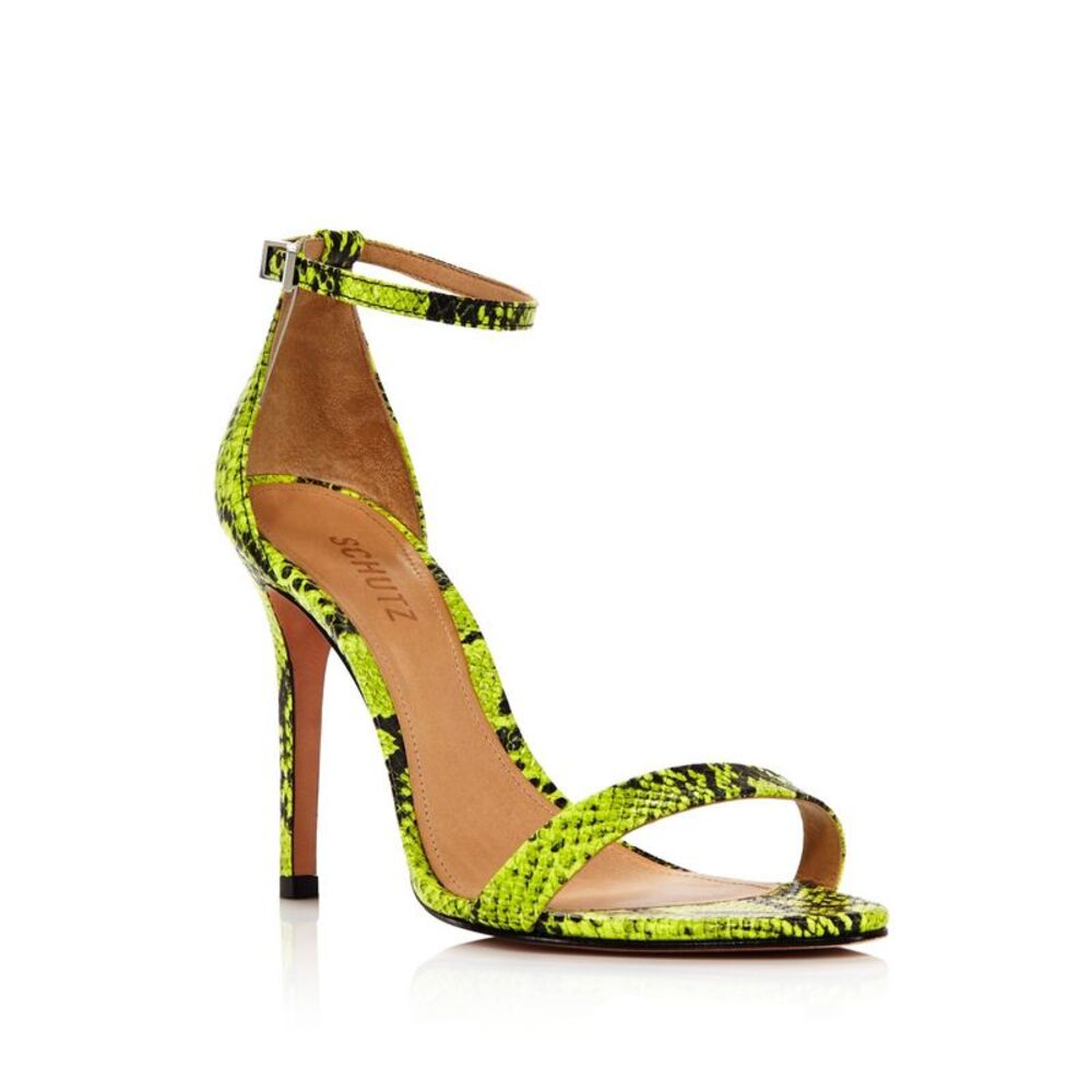 SCHUTZ Womens Yellow Snake Cadey Lee Open Stiletto Leather Slingback Sandal 10 B